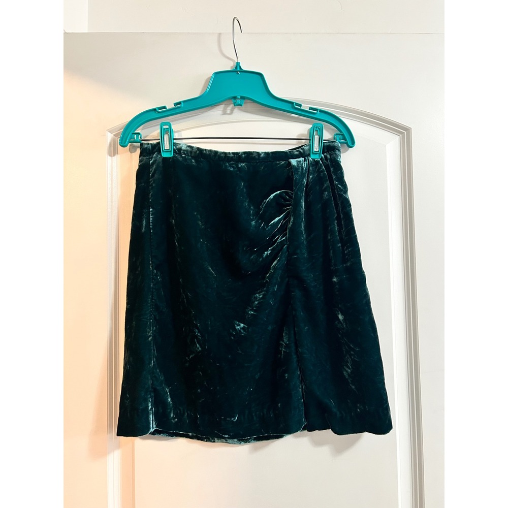 Anthropologie Velvet Skirt Emerald Green Ruched Detail Size 6